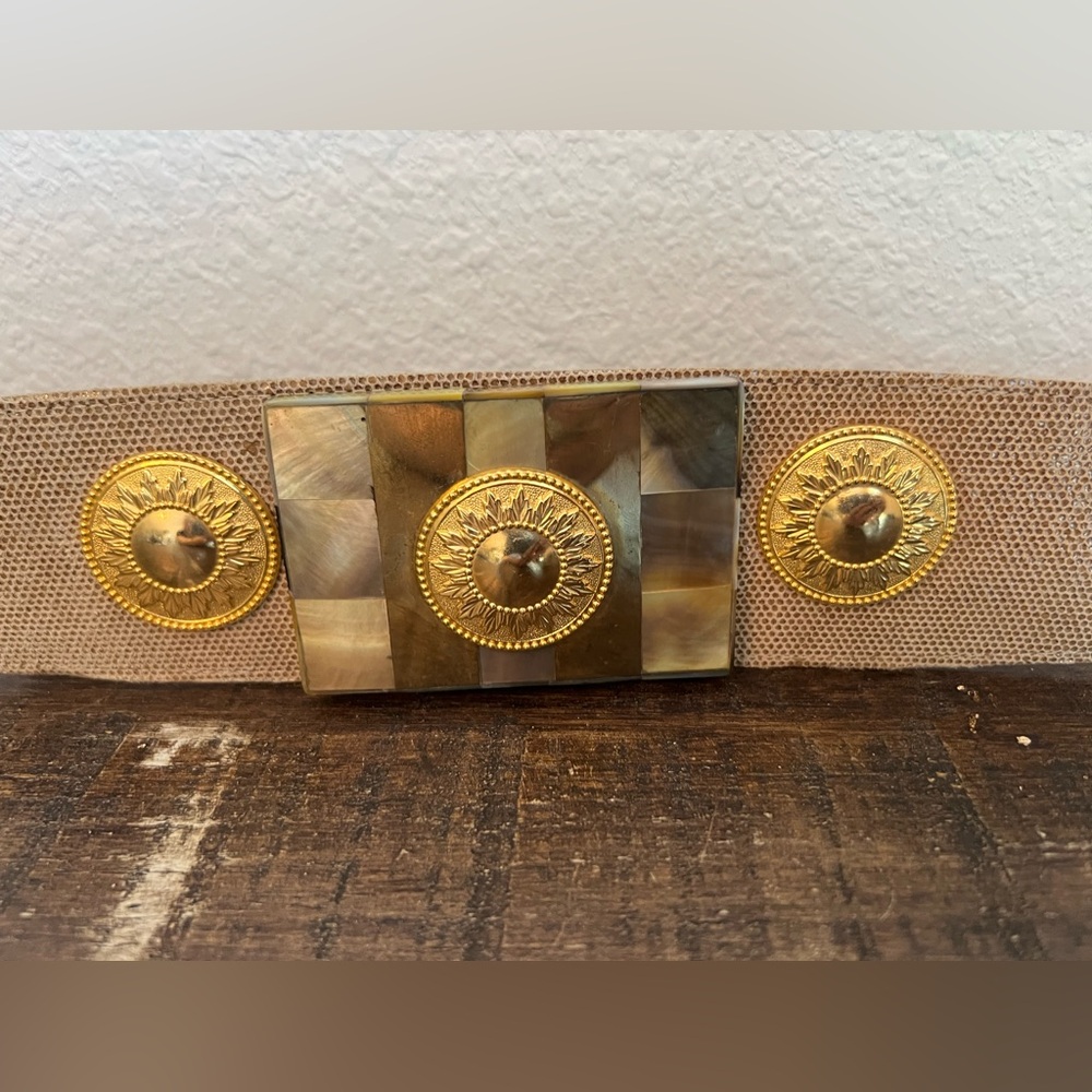 Vintage Beige Faux Reptile Belt Mother of Pearl Gold Tone Medallions Size S/M